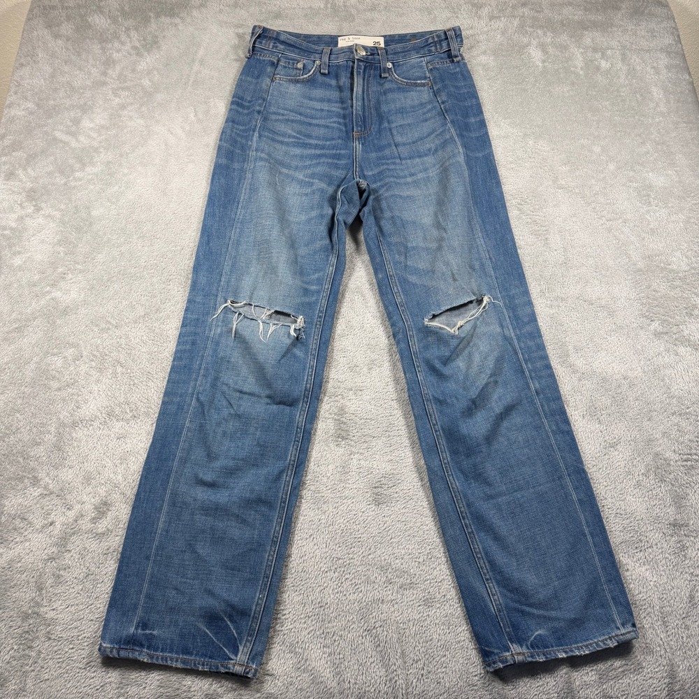 Rag and Bone Finn High-Rise Jeans Womens 25 Blue Straight Leg Distressed
